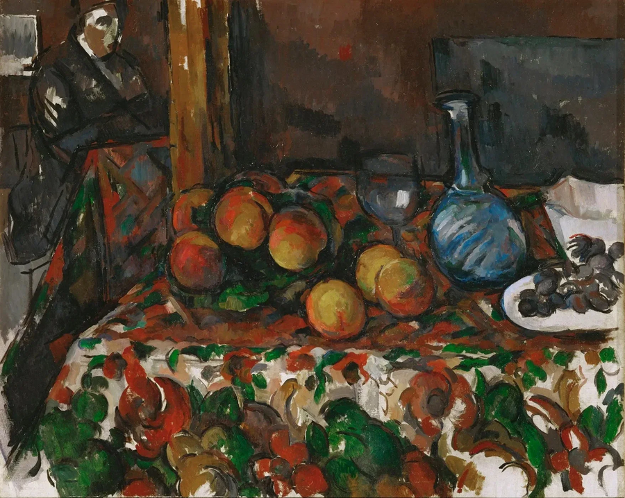 Brzoskwinie, karafka i postać - Paul Cézanne