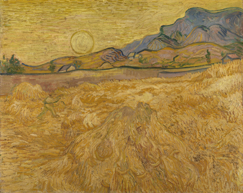Pole pszenicy z kosiarką i słońcem - Vincent van Gogh