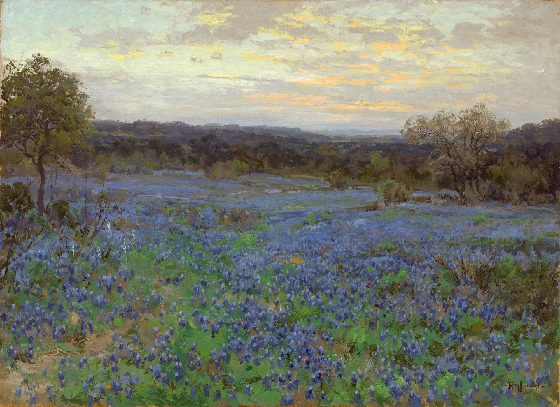 Champ de lupins bleus au coucher du soleil - Julian Onderdonk image 1 tableau peint à l’huile sur toile