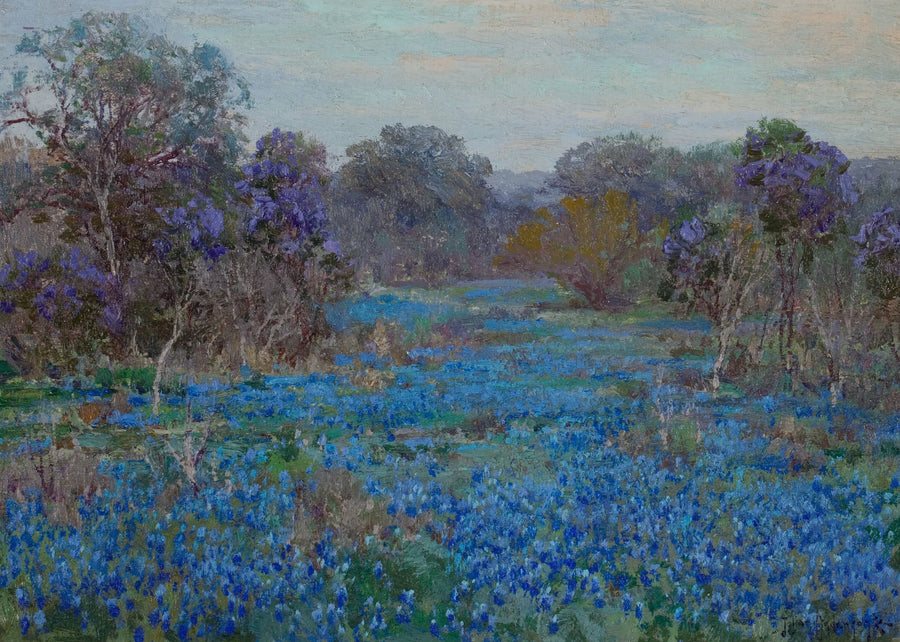 Pole niebieskich łubinów z drzewami - Julian Onderdonk