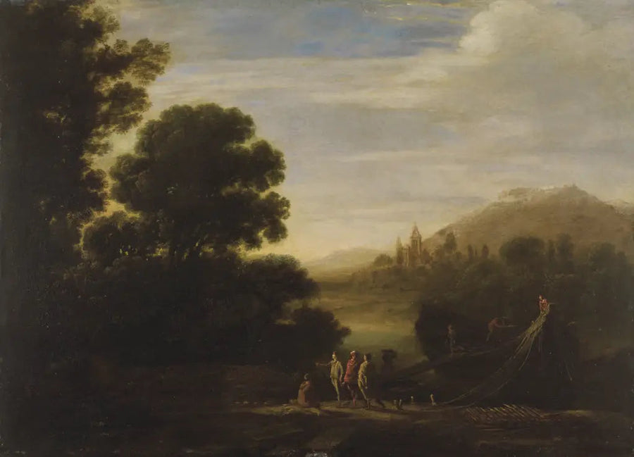 Załadunek drewna w złocistym blasku wieczoru - Claude Lorrain