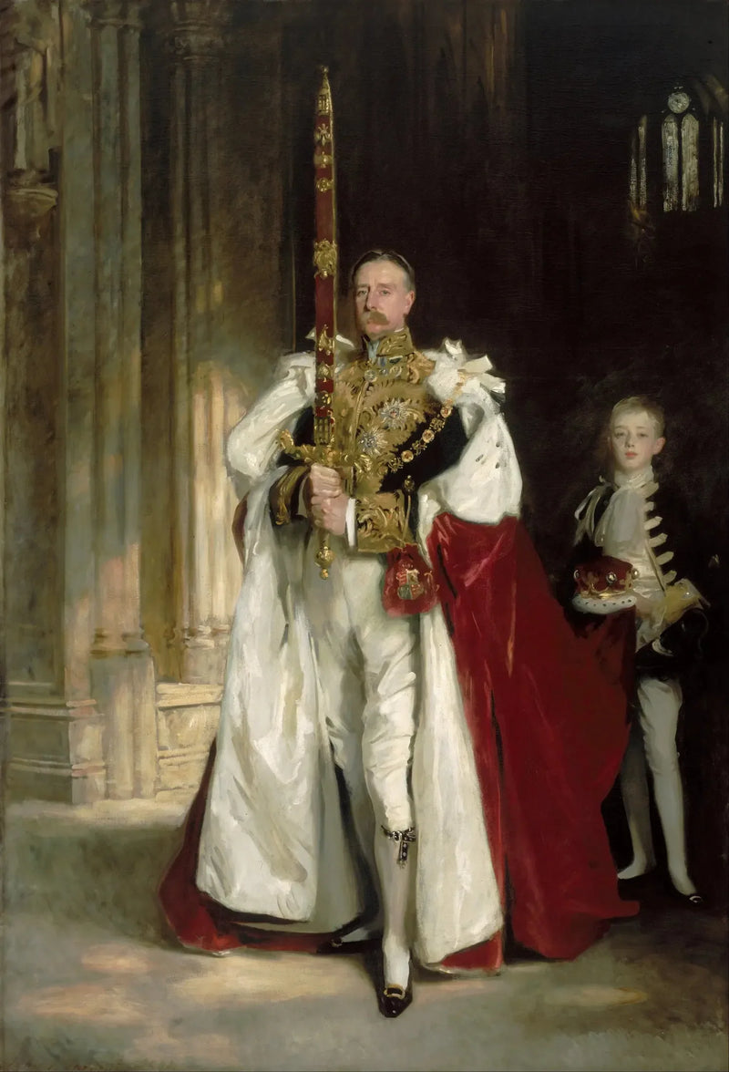 Charles Stewart, szósty markiz Londonderry, niosący wielki miecz państwowy podczas koronacji króla Edwarda VII w sierpniu 1902 roku, oraz pan W. C. Beaumont, jego giermek w tej okazji - John Singer Sargent