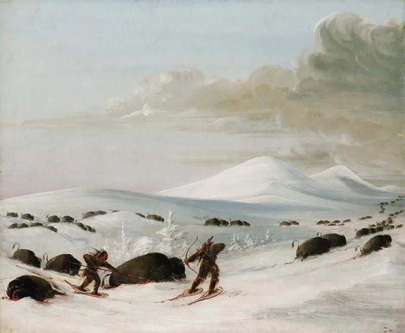 Polowanie na bizona w zaspy śnieżne, pościg przez Indian na rakietach śnieżnych - George Catlin