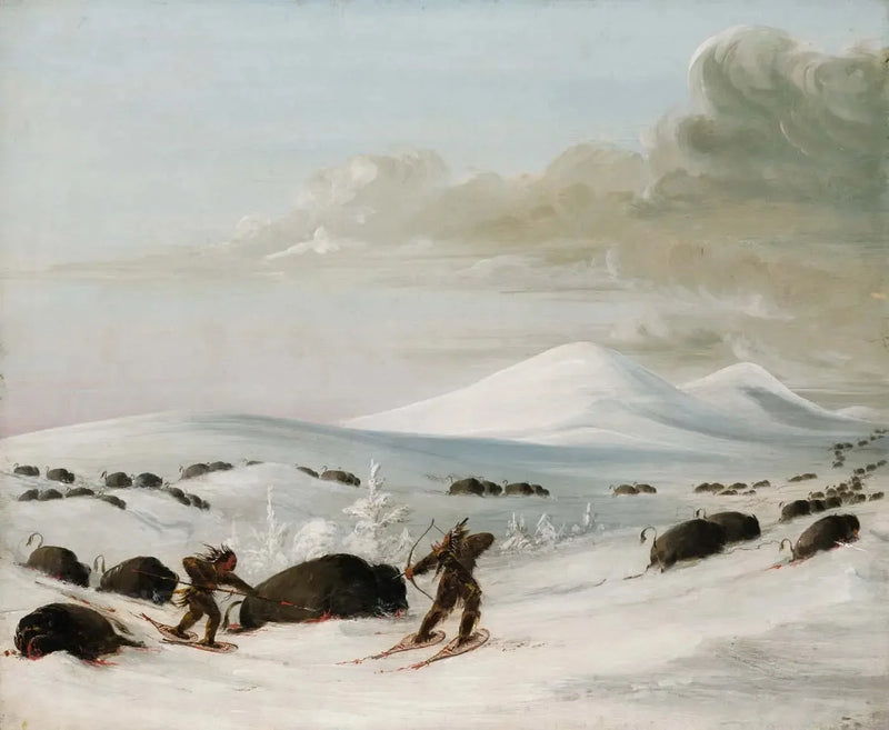 Polowanie na bizona w zaspy śnieżne, pościg przez Indian na rakietach śnieżnych - George Catlin