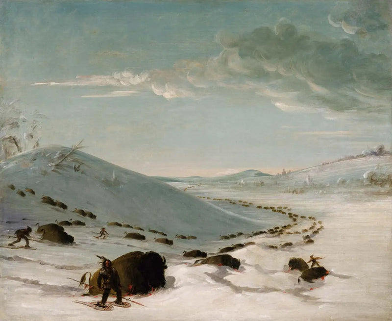 Polowanie na bizona zimą, Indianie na rakietach śnieżnych - George Catlin
