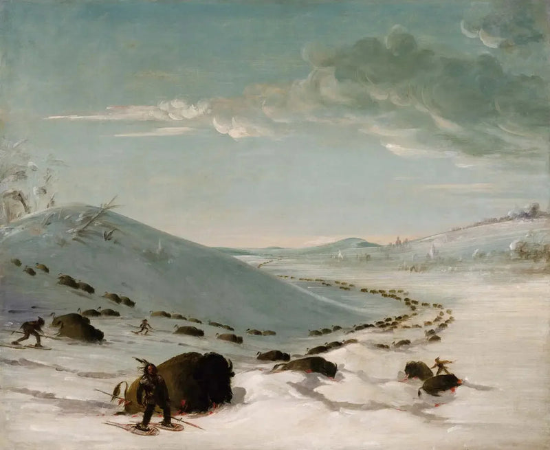 Polowanie na bizona zimą, Indianie na rakietach śnieżnych - George Catlin