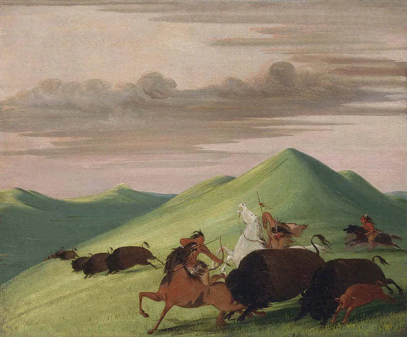 Polowanie na bizona, byk chroniący krowę i jej cielę - George Catlin