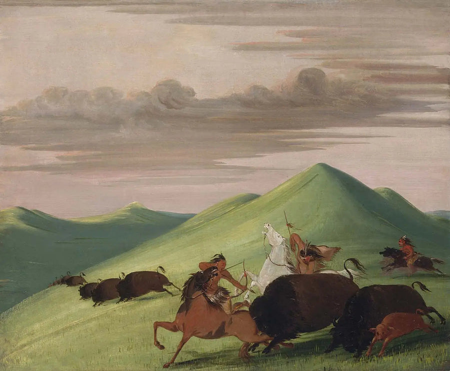 Polowanie na bizona, byk chroniący krowę i jej cielę - George Catlin