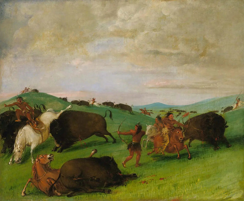 Polowanie na bizona, walczące byki z mężczyznami i końmi - George Catlin