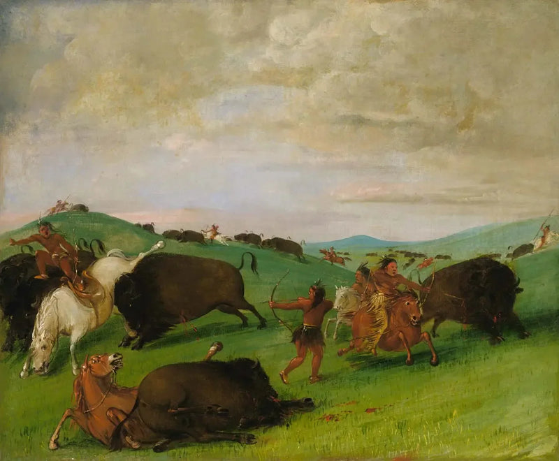 Polowanie na bizona, walczące byki z mężczyznami i końmi - George Catlin