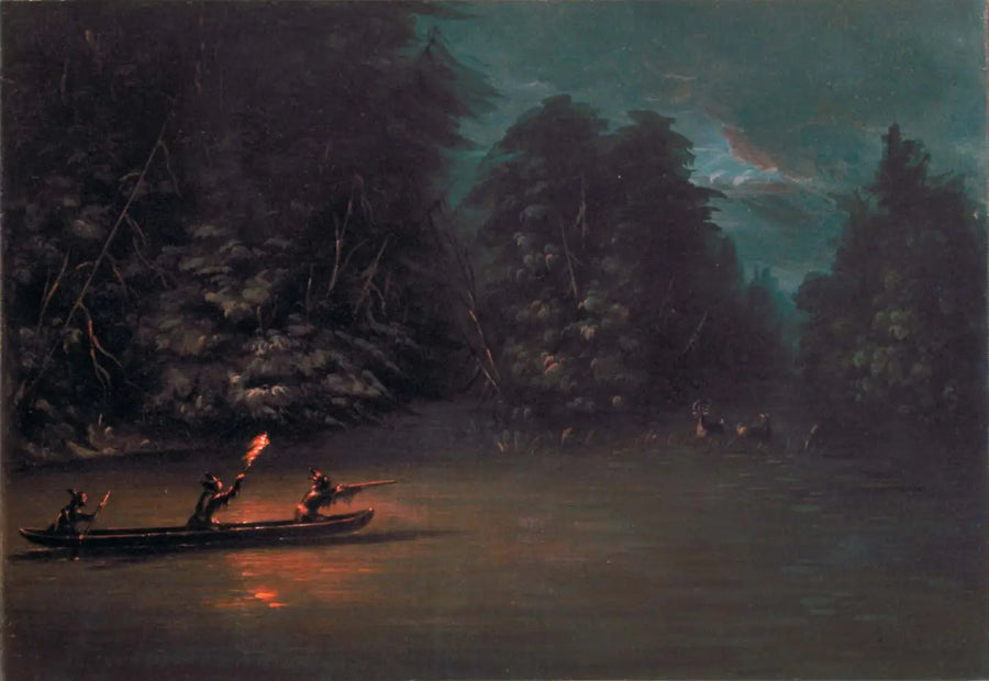Polowanie na jelenia przy pochodniach na kanoe z kory - George Catlin