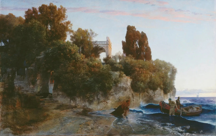 Zamek nad brzegiem morza i morderstwo w ogrodzie zamkowym - Arnold Böcklin
