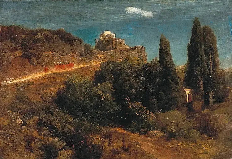 Zamek na górze z orszakiem rycerzy - Arnold Böcklin