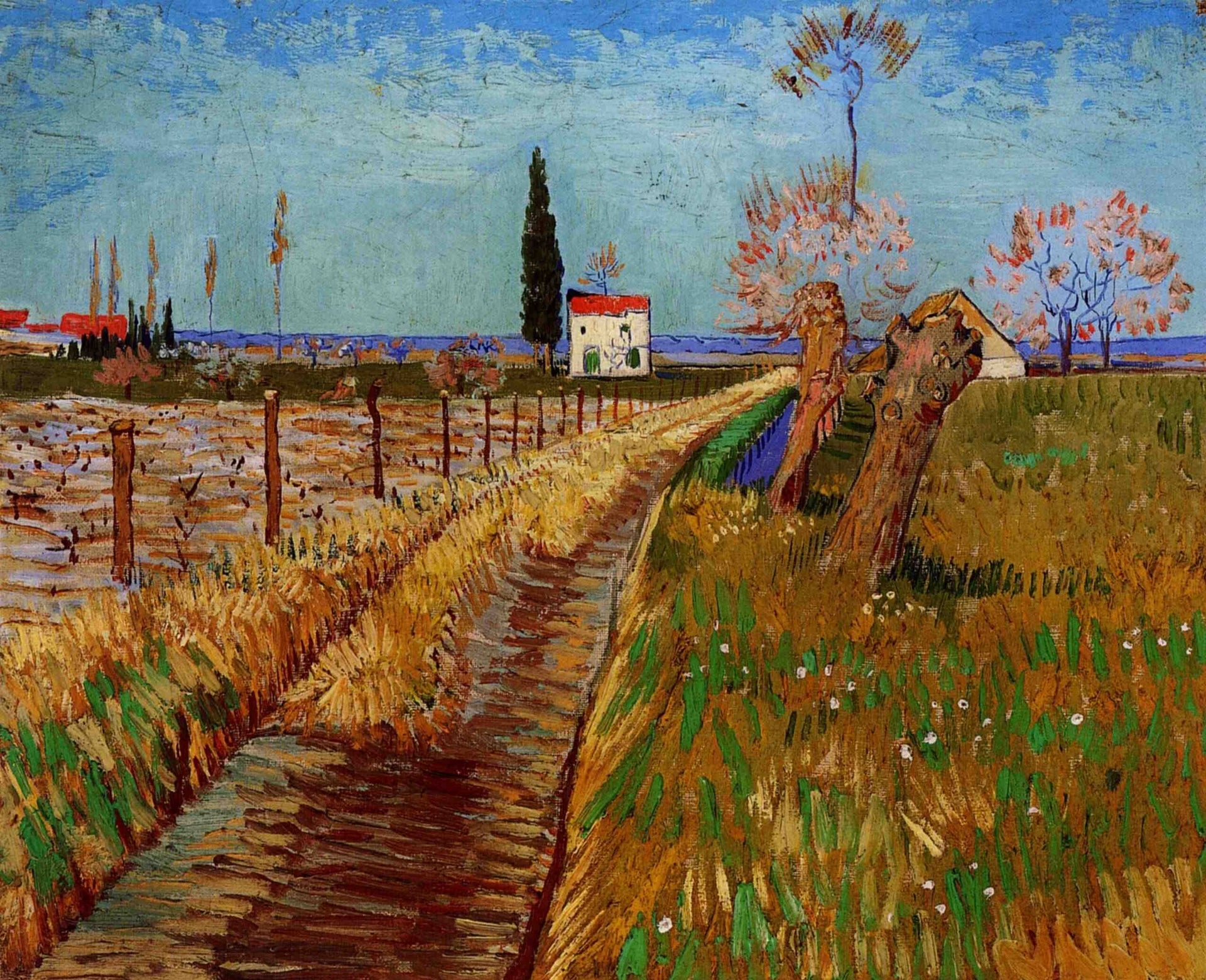Chemin à travers un champ de saules, F407 — sentier, saules têtards et maison blanche peints par Vincent van Gogh