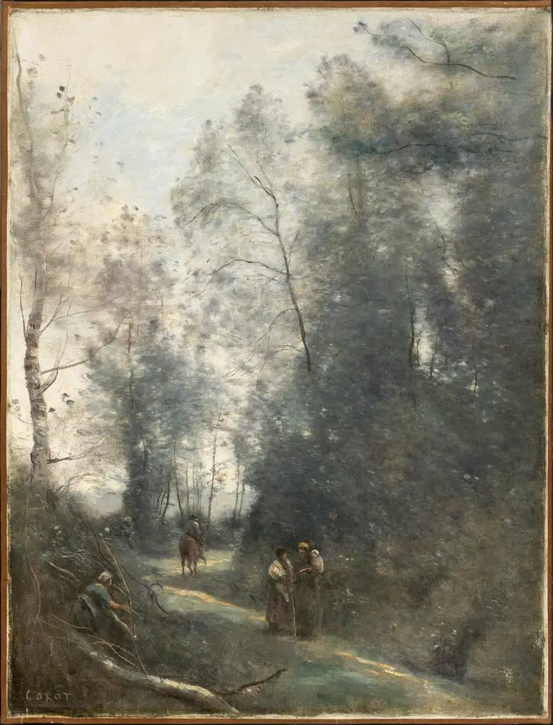 Zakręt drogi z trzema wieśniaczkami i jeźdźcem - Jean-Baptiste Camille Corot