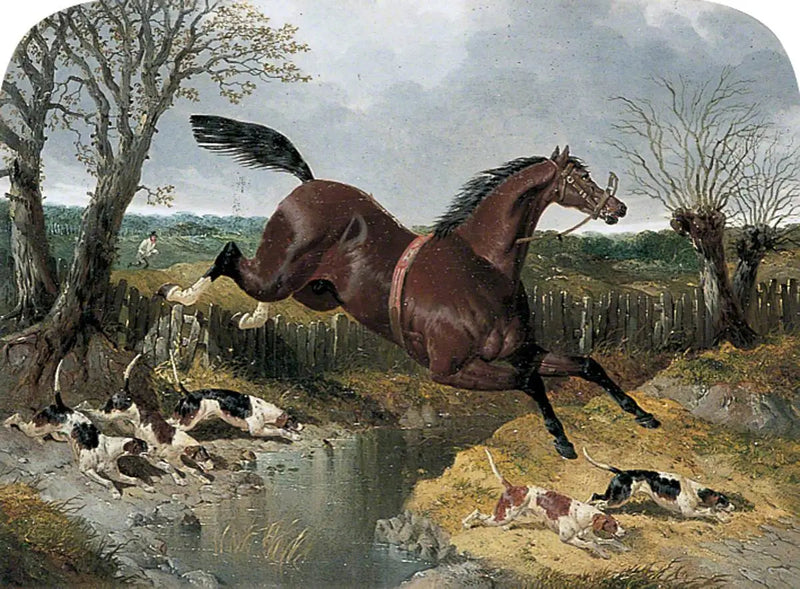Koń kasztanowaty uciekający z beagle - John Frederick Herring, Sr.