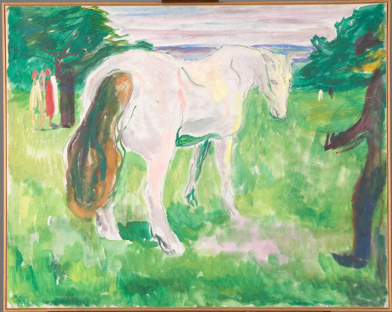 Biały koń na zielonej łące - Edvard Munch