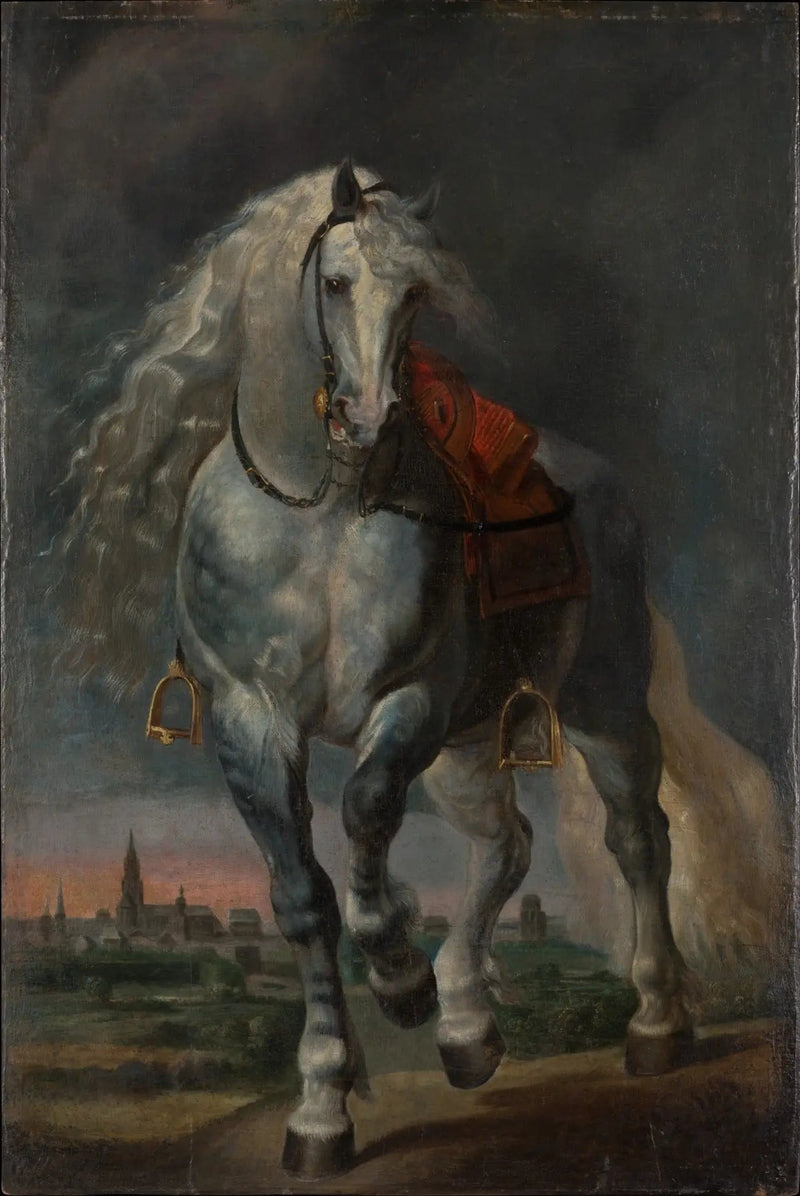 Biały koń kłusujący na płaskim krajobrazie przed miastem - Peter Paul Rubens