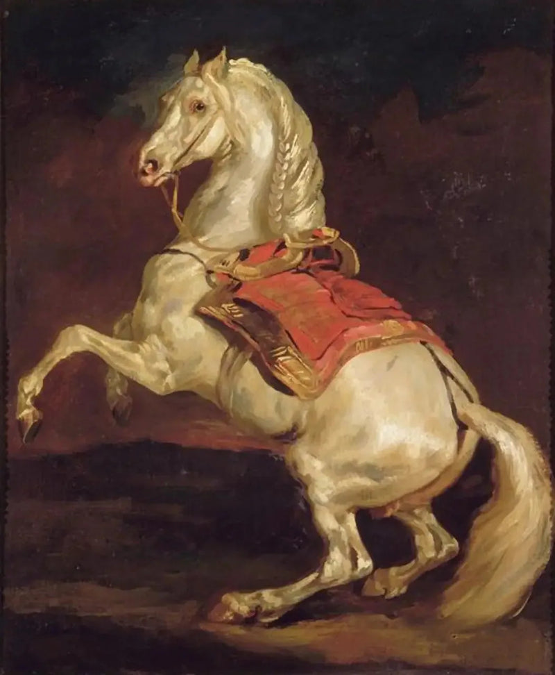 Koń w staniu na tylnych nogach na czerwonym siodle - Théodore Géricault