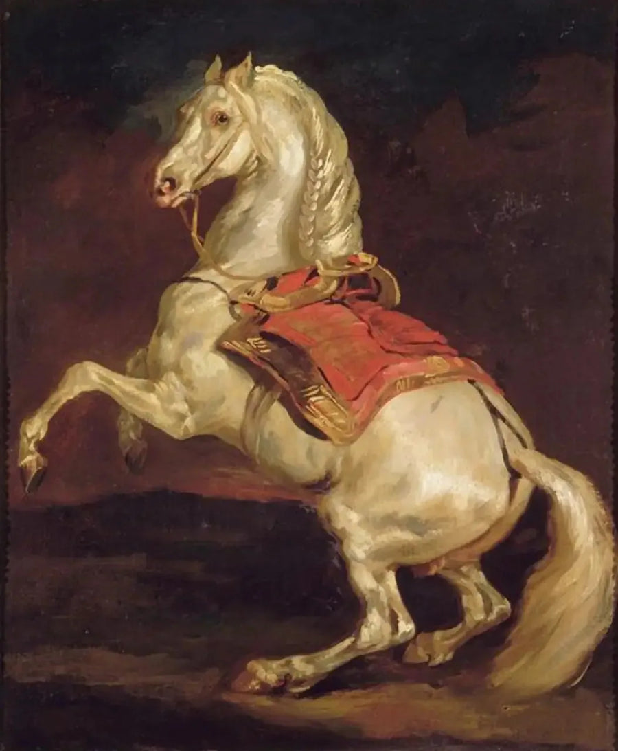 Koń w staniu na tylnych nogach na czerwonym siodle - Théodore Géricault
