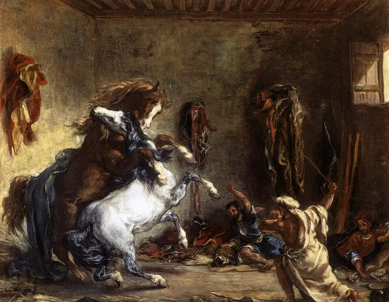 Arabskie konie walczące w stajni - Eugène Delacroix