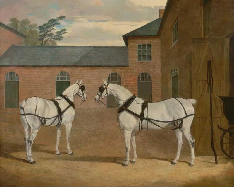 Szare konie zaprzęgowe na dziedzińcu karoserii Putteridge Bury, Hertfordshire - John Frederick Herring, Sr.
