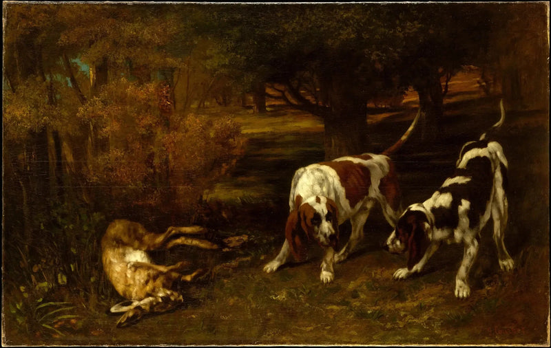 Psy myśliwskie i martwy zając - Gustave Courbet