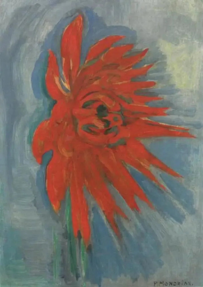 Czerwony chryzantema na niebieskim tle - Piet Mondrian
