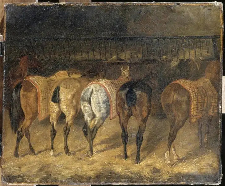 Pięć koni widzianych z tyłu w stajni - Théodore Géricault