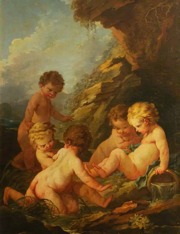 Pięc nagich dzieci bawiących się nad brzegiem skalistego basenu - François Boucher