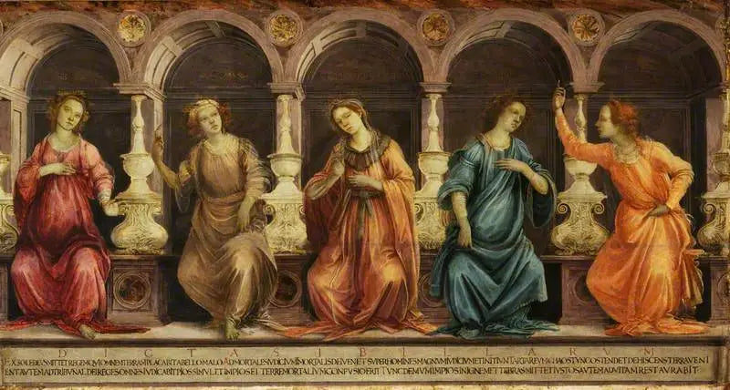 Pięć sybilli siedzących w niszach: Samijska, Kumejska, Hellesponticka, Frygijska i Tiburtina - Filippino Lippi