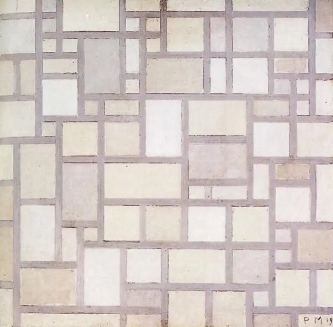 Kompozycja 7: Jasne plany kolorów z szarymi konturami - Piet Mondrian