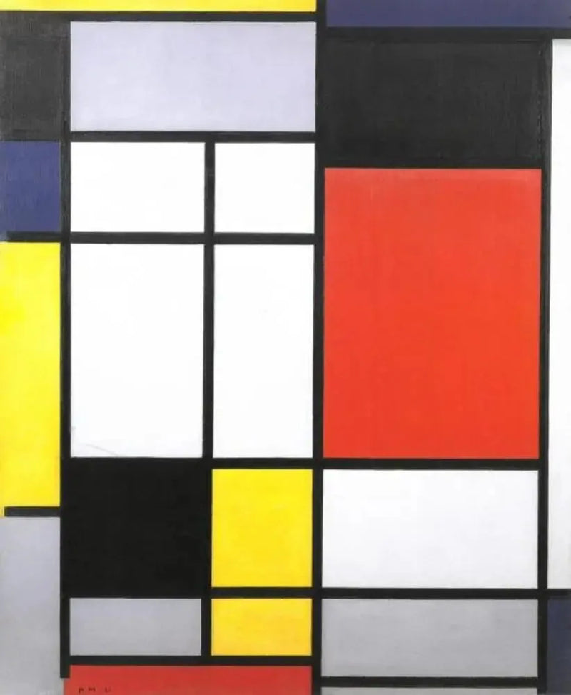 Kompozycja z żółtym, niebieskim, czarnym, czerwonym i szarym - Piet Mondrian