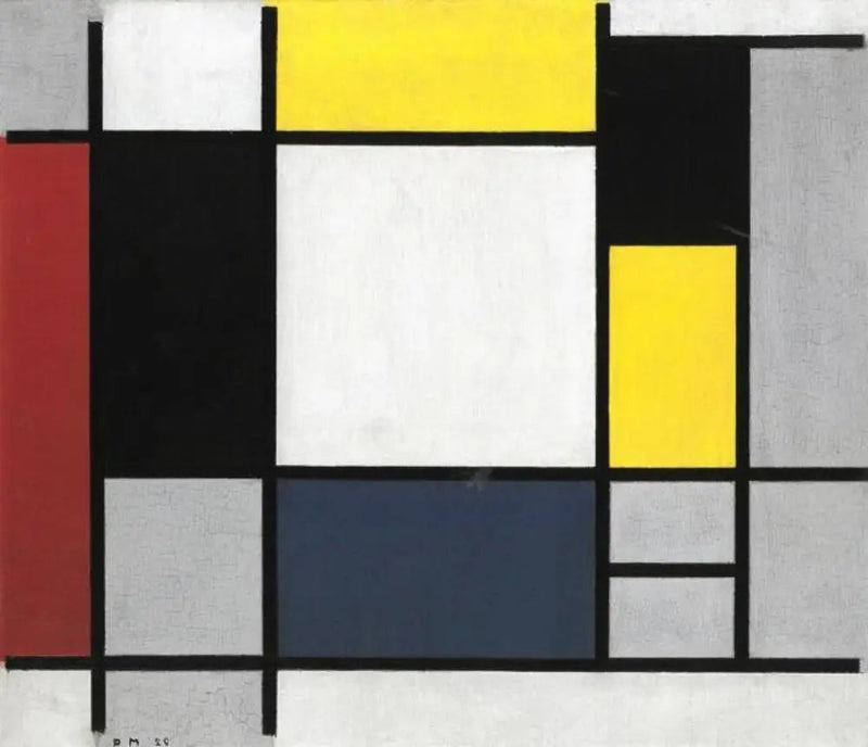 Kompozycja z żółtym, czerwonym, czarnym, niebieskim i szarym - Piet Mondrian