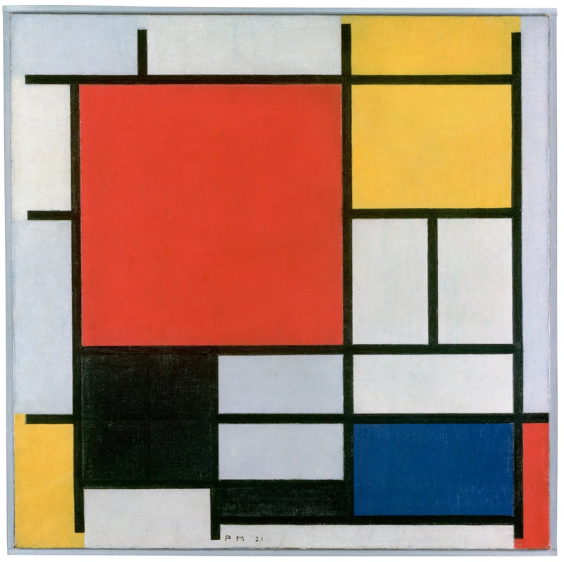 Kompozycja z dużym planem czerwonym, żółtym, czarnym, szarym i niebieskim - Piet Mondrian