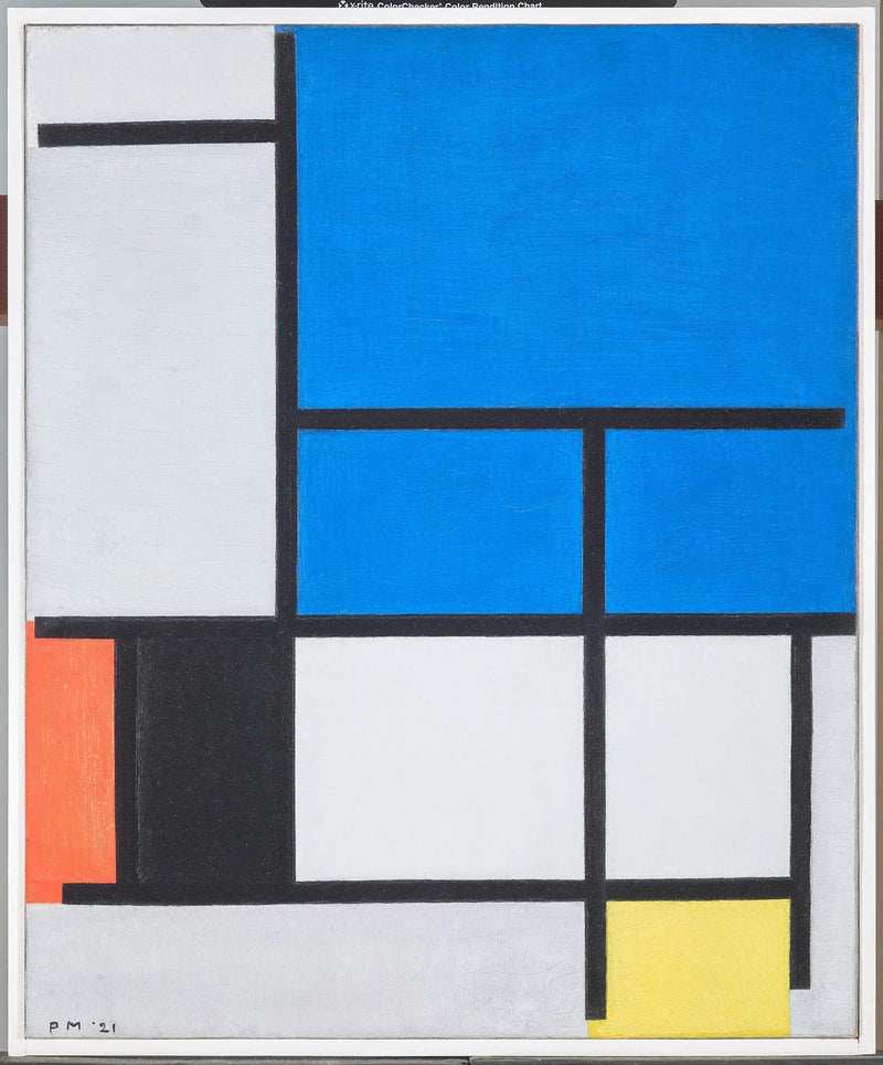 Kompozycja z dużym niebieskim, czerwonym, czarnym, żółtym i szarym samolotem - Piet Mondrian