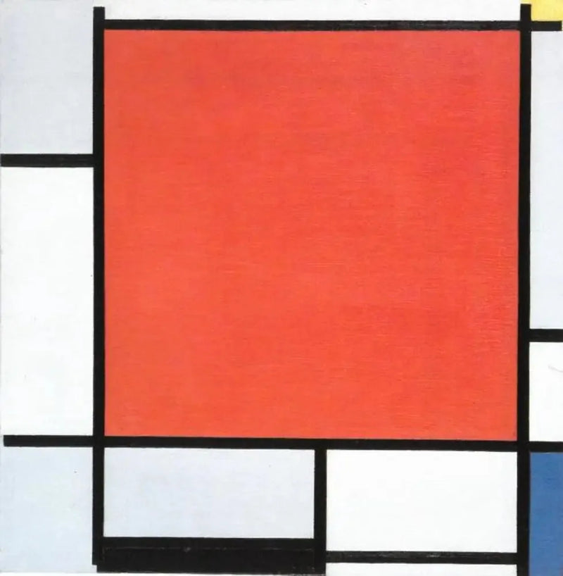 Kompozycja z dużym czerwonym samolotem, niebiesko-szarym, żółtym, czarnym i niebieskim - Piet Mondrian