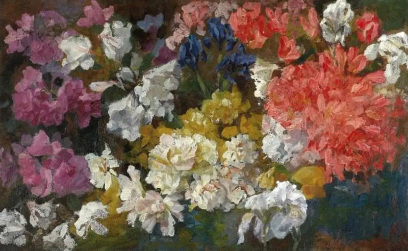 Kompozycja kwiatowa z rododendronami i irysami - Piet Mondrian