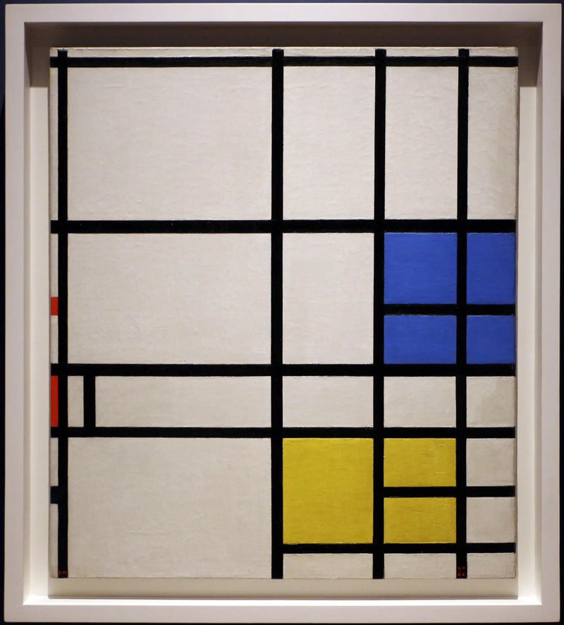 Kompozycja nr 11, 1940-42--LONDYN, z niebieskim, czerwonym i żółtym - Piet Mondrian