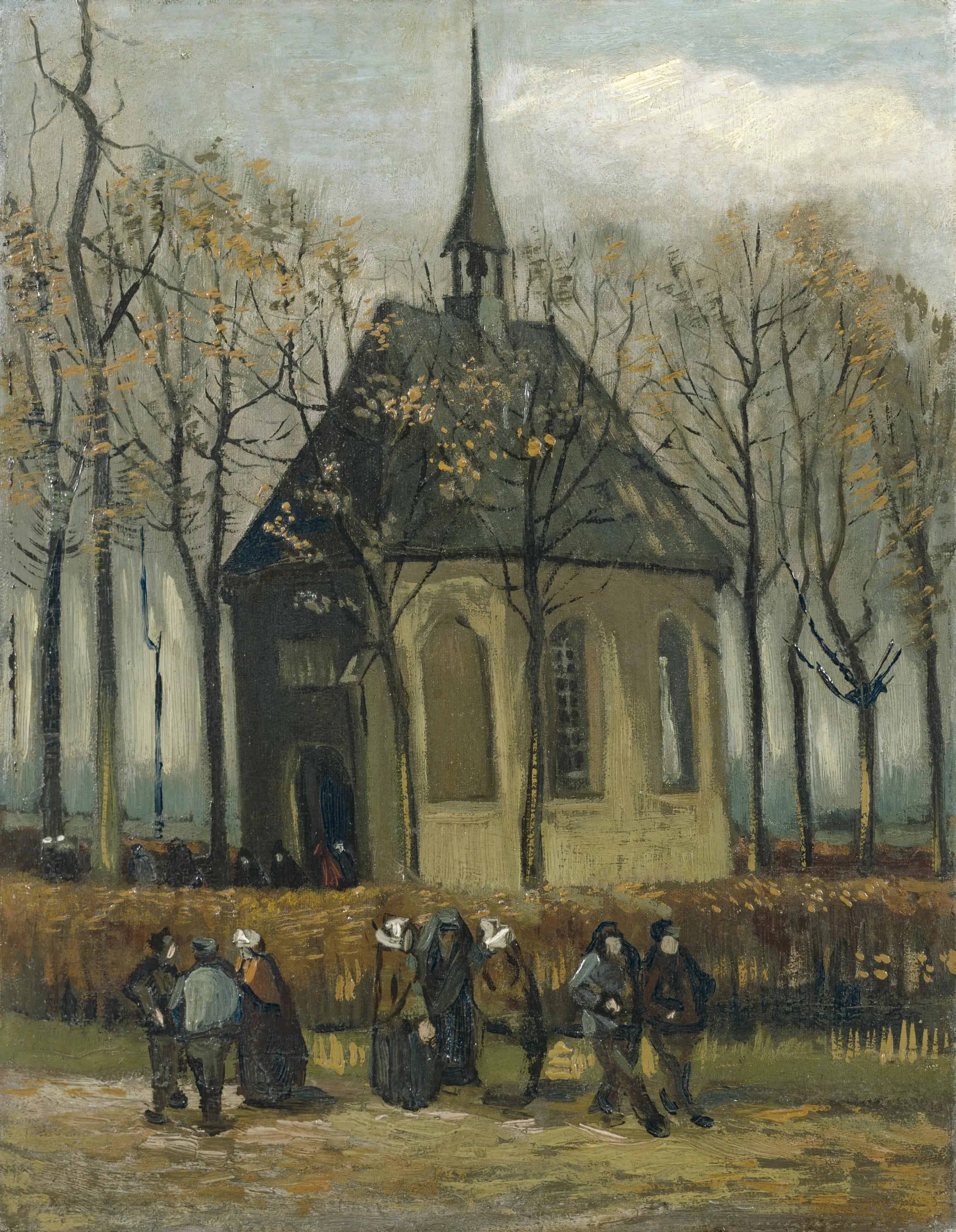 Reproduction du tableau « Congrégation quittant l'Église réformée de Nuenen - Vincent van Gogh » par Alpha Reproduction en peinture à l’huile