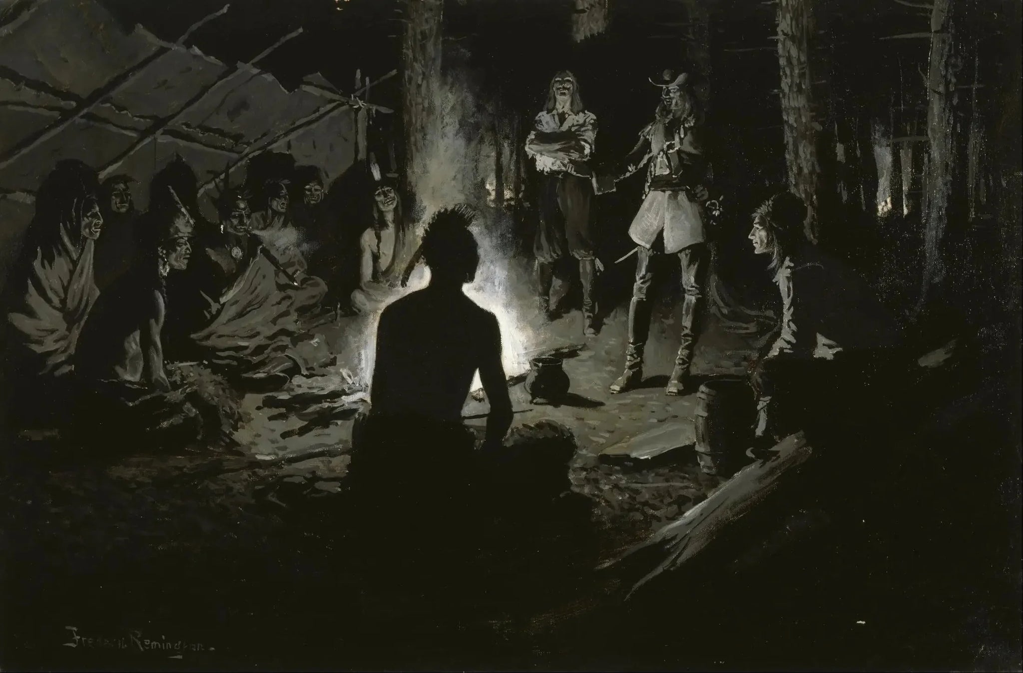 Conseil des explorateurs français avec les Indiens - Frederic Remington image 1 copie de tableau peinte à la main