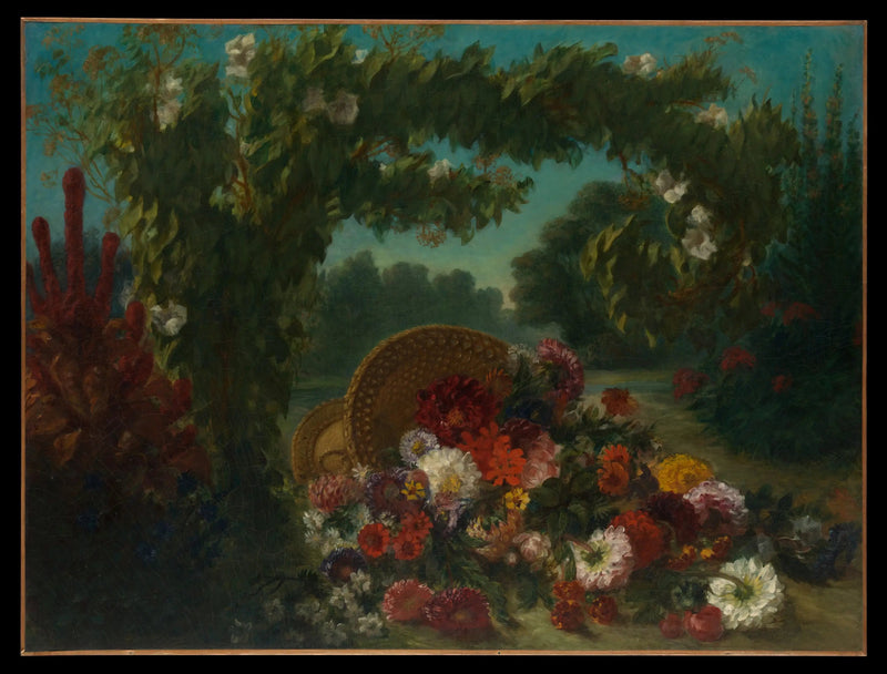 Przewrócony kosz kwiatów w ogrodzie - Eugène Delacroix