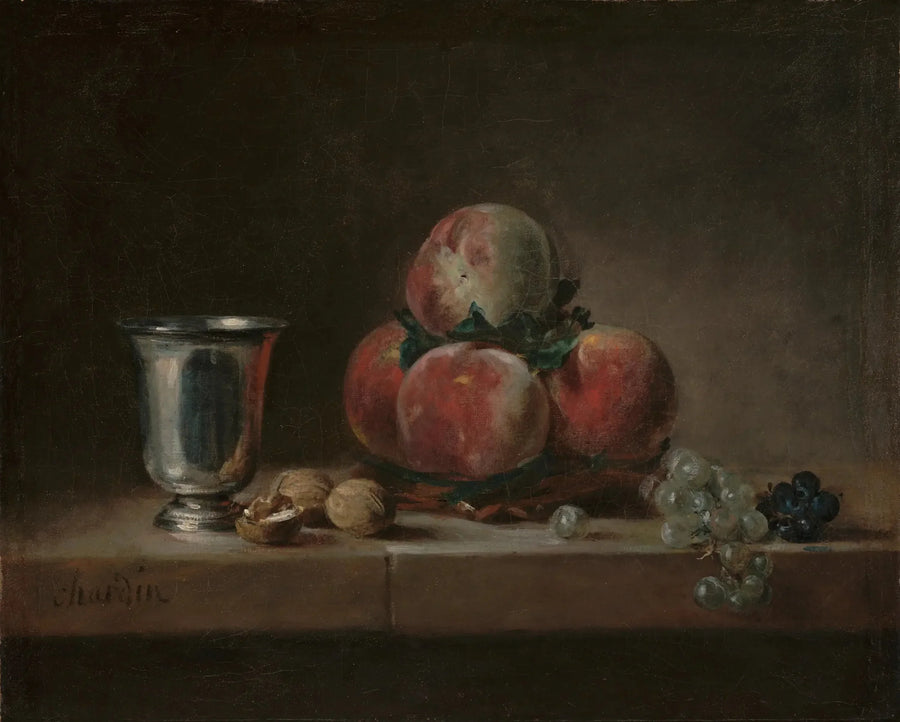 Kosz brzoskwiń z filiżanką ze srebra - Jean Simeón Chardin