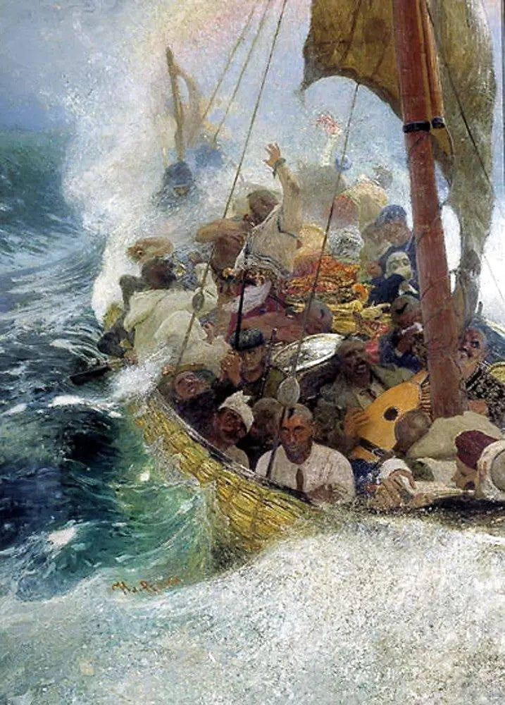 Członkowie Kozaków na Morzu Czarnym. Kozacy zaporoscy na chaice podczas burzy. - Ilya Repin