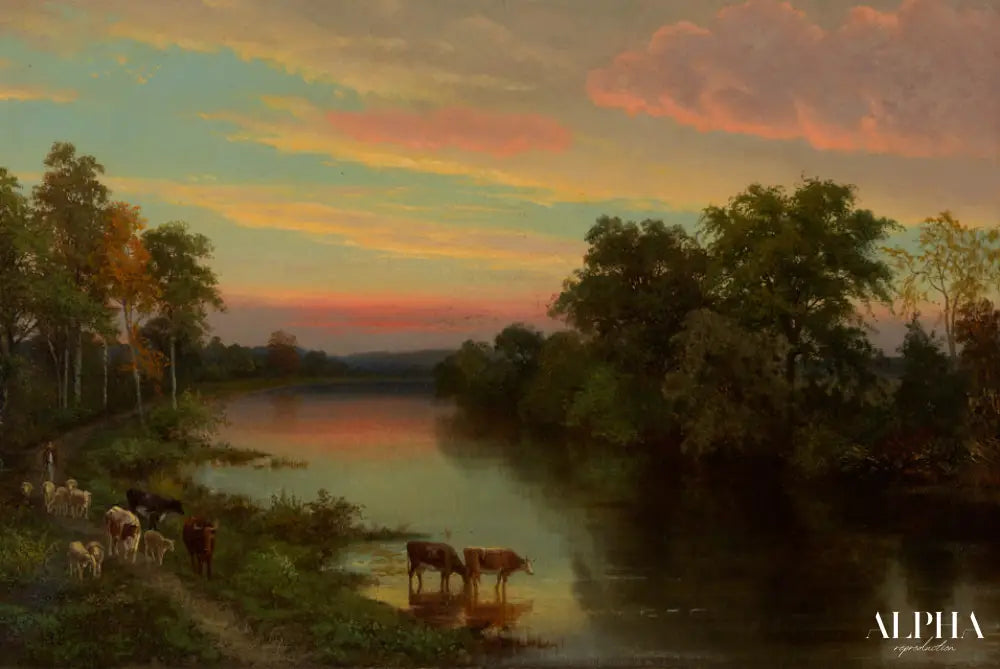 Coucher de soleil avec des vaches - John Frederick Kensett - Reproductions de tableaux et peintures haut de gamme