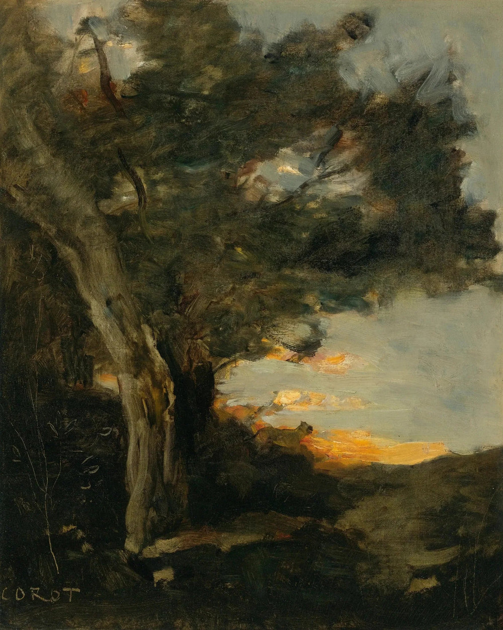 Coucher de soleil avec une Lionne - Jean-Baptiste Camille Corot image 1 tableau peint à l’huile sur toile