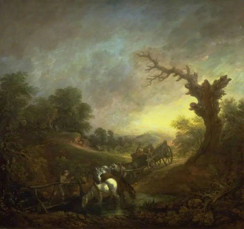 Zachód słońca: konie pociągowe pijące nad brzegiem strumienia - Thomas Gainsborough