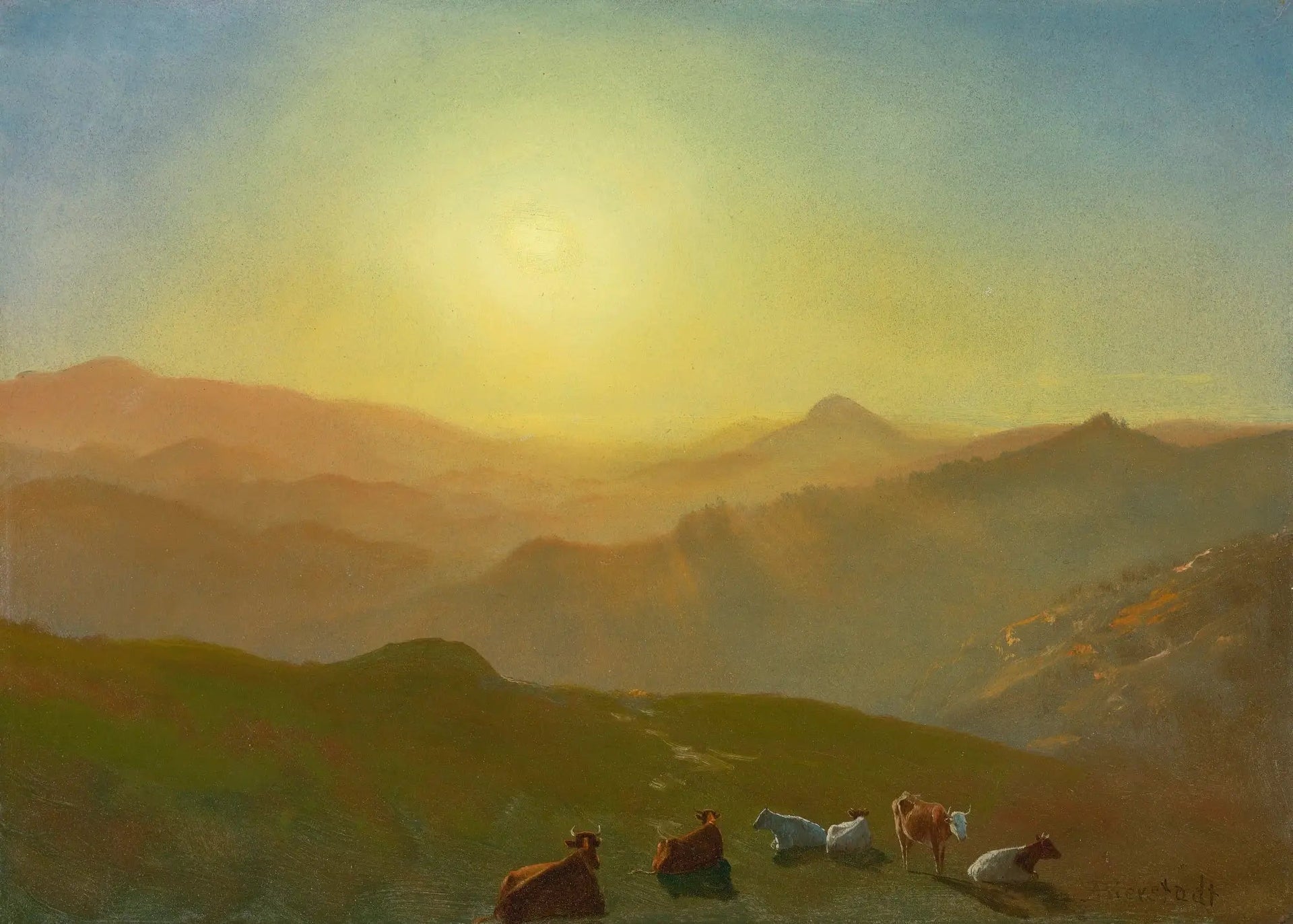 Coucher de soleil, Clay Street Hill, San Francisco - Albert Bierstadt image 1 copie peinte à la main à l’huile