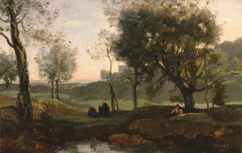 Zachód słońca: postacie pod drzewami - Jean-Baptiste Camille Corot
