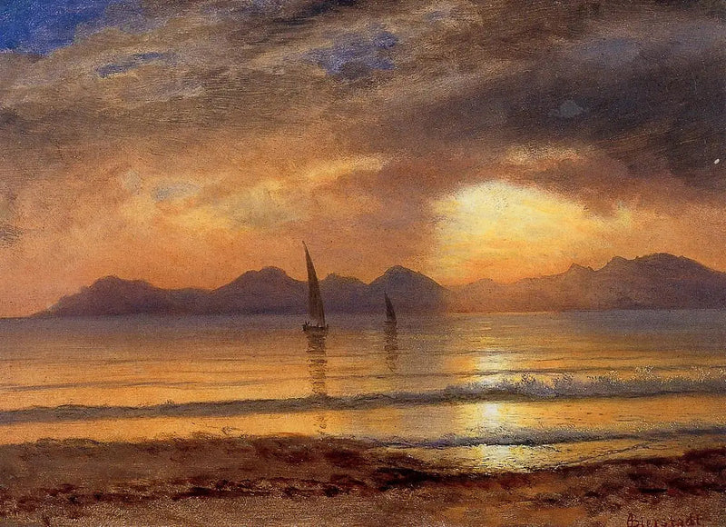 Zachód słońca nad górskim jeziorem - Albert Bierstadt